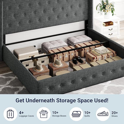 Allewie King Size Lift Up Storage Bed, Button Tufted Headboard with Wingback, Hydraulic Support, No Box Spring Needed, Dark Grey