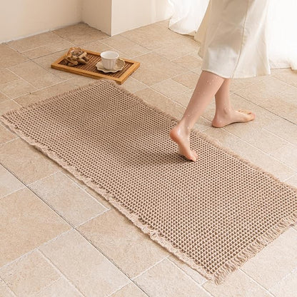 Waffle Runner Rug Non Slip, Boho Bath Mat, Super Absorbent Quick Dry Long Bath Runner Bathroom, Soft Farmhouse Bath Rug with Tassels, Washable Shower Mats for Floor 24"x72", Brown