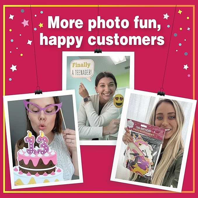 13th Birthday Photo Booth Props - 41-pc Photo Prop Kit with 8 x 10-Inch Sign, 60 Adhesive Pads, 45 Sticks - Teen Girl Photo Booth Props - Party Supplies 13th Birthday
