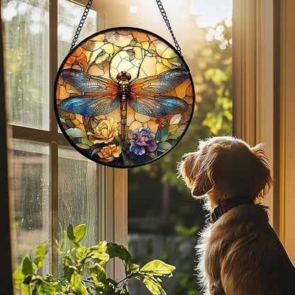Stained Glass Window Hanging - Orange Blue Dragonfly Flower Suncatcher for Doors Window Home Sun Catchers Decor Christmas Mother's Day Birthday Outdoor Gifts for Women Men Mom Nana 9.8 in