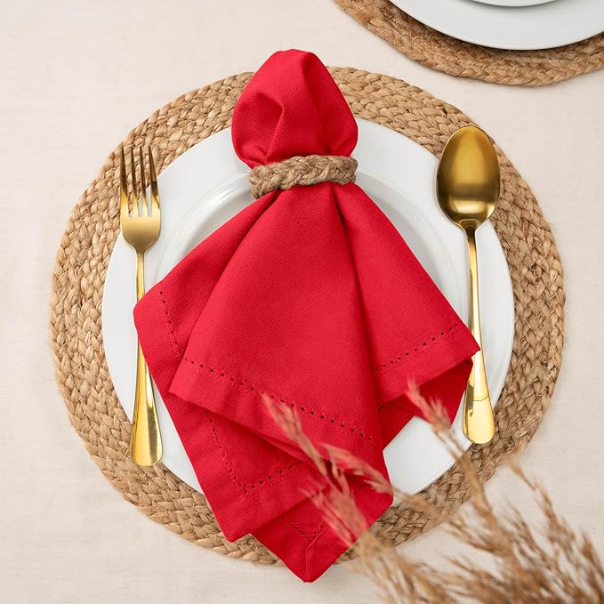 Blue Needles Set of 12 Hemstitch Linen Napkins 100% Cotton Red Cloth Dinner Napkins 18x18 inches, Soft, Reusable, Absorbent, Washable, Ideal for Fall Thanksgiving Events, Parties & Everyday Use