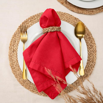 Blue Needles Set of 12 Hemstitch Linen Napkins 100% Cotton Red Cloth Dinner Napkins 18x18 inches, Soft, Reusable, Absorbent, Washable, Ideal for Fall Thanksgiving Events, Parties & Everyday Use