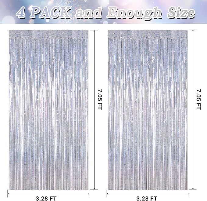4 Pack Fringe Backdrop, 3.28 FT x 7.05 FT Glitter Silver Tinsel Curtains, Metallic Foil Streamer Disco Fringe Backdrop Party Curtains, Birthday Party Supplies Disco Decorations
