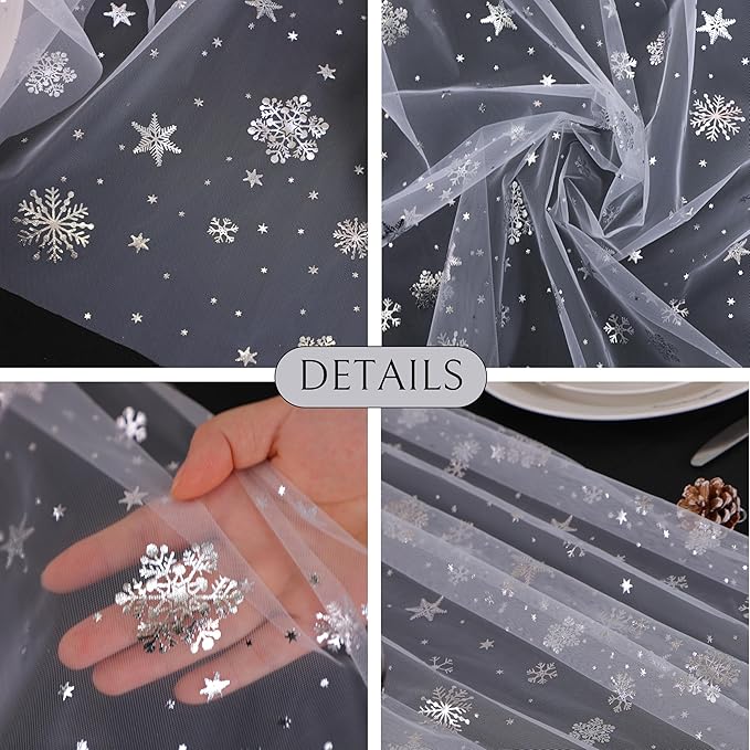 Snowkingdom Silver White Snowflake Table Runner 10 FT Christmas Sheer Chiffon Gauze Cheesecloth Runner, 120 Inch Winter Sparkly Sequin Party Dining Table Decorations for Christmas Holiday New Year