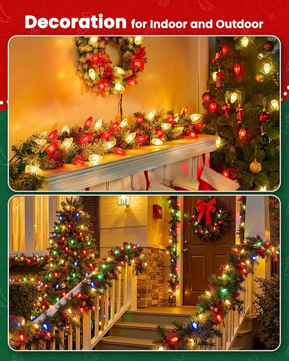 Brightown C9 Light Strand, 25FT Green Cord Outdoor String Lights Christmas Stringer with 12" Socket Spacing, C9/E17 Intermediate Base Indoor/Outdoor Stringer Set for Christmas Decor Patio