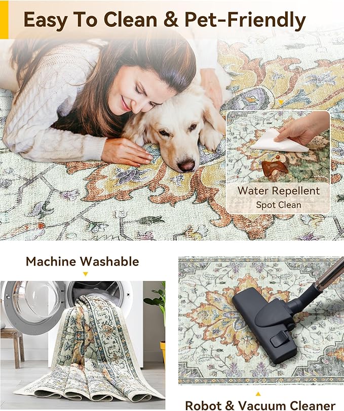 Area Rugs 2'x5' Runner Rug Non Slip Washable for Kitchen Hallway Bedroom Beside Laundry Room Bathroom Rug, Floor Carpet, Light Yellow Carbon Grey Orange