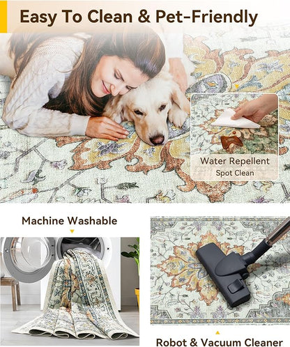 Area Rugs 2'x5' Runner Rug Non Slip Washable for Kitchen Hallway Bedroom Beside Laundry Room Bathroom Rug, Floor Carpet, Light Yellow Carbon Grey Orange