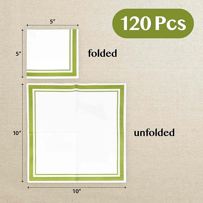 Gift Boutique Light Green and White Cocktail Napkins – 120 Pack 5 x 5 Inch 3-Ply Disposable Lined Beverage Napkins for Parties, Weddings, Events, and Everyday Use