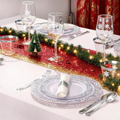 WELLIFE 175Pcs Silver Dinnerware Sets, Include:25 Dinner Plates, 25 Dessert Plates, 25 Paper Napkins, 25 Cups, 75 Silver Silverware Set for Party and Weddings