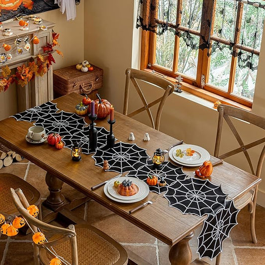 Joyfol Day Halloween Table Runner 14 x 69 Inch, Embroidered Spider Web Table Runners, Black Fireplace Mantel Scarf, Halloween Table Decorations for Parties Gothic Scary Nights