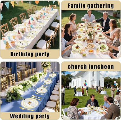 Zcaukya 350 PCS Gold Plastic Dinnerware for 50 Guests, Elegant Disposable Utensils Set with 100 Plates, 50 Pre-Wrapped Napkins, 50 Cups, 50 Spoons, 50 Forks and 50 Knives for Birthday Parties Weddings