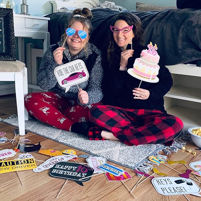 Sweet 16 Photo Booth Props - 41-pc Selfie Props with 8 x 10-Inch Sign, 60 Adhesive Pads, 45 Sticks - Sweet 16 Accessories - Photo Booth for Sweet 16-16th Birthday Photo Booth Props