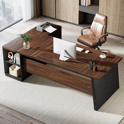 Tribesigns 78" L Shaped Executive Desk, Large Office Desk with Drawers and Storage Shelves, Modern Corner Computer Table Business Furniture for Home Office (Walnut & Brown)