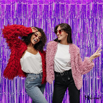 4 Pack Purple Fringe Curtain Backdrop, 3.2Ft x 8.2Ft Metallic Tinsel Foil Fringe Streamers Background for Photo Booth Birthday Wedding Baby Shower Carnival Easter Mother’s Day Party Decorations