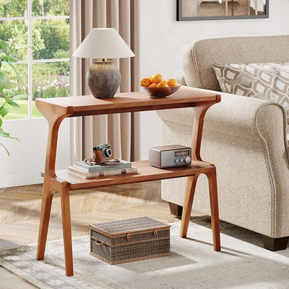 Tribesigns Set of 2 Solid Wood End Table, Modern Side Table for Couch, 2-Tier Narrow Tall End Table, Long Bedside Table for Living Room, Bedroom, Walnut