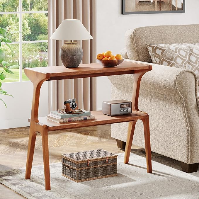 Tribesigns Solid Wood End Table, Modern Side Table for Couch, 2-Tier Narrow Tall End Table, Long Bedside Table for Living Room, Bedroom, Walnut