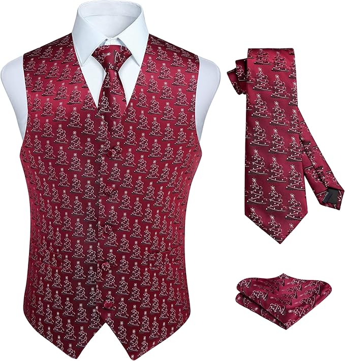 HISDERN Men's Suit Vest Christmas Holiday Season Party Jacquard Waistcoats Necktie Pocket Square Vest Suit Set
