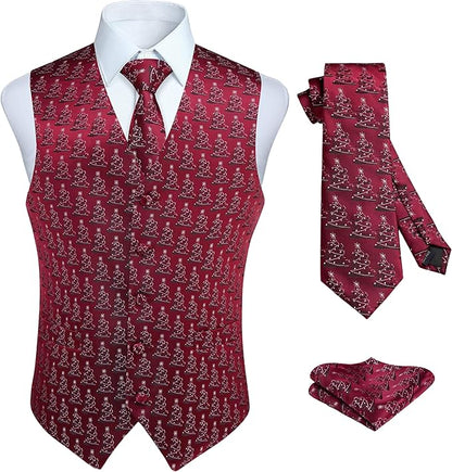 HISDERN Men's Suit Vest Christmas Holiday Season Party Jacquard Waistcoats Necktie Pocket Square Vest Suit Set