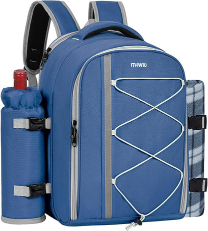 Picnic Backpack for 4 Persons with Insulated Leakproof Cooler Compartment, Cutlery Sets, Wine Holder, Fleece Blanket, Wedding Gifts for Couples, Perfect for Beach, Camping, Hiking, Blue