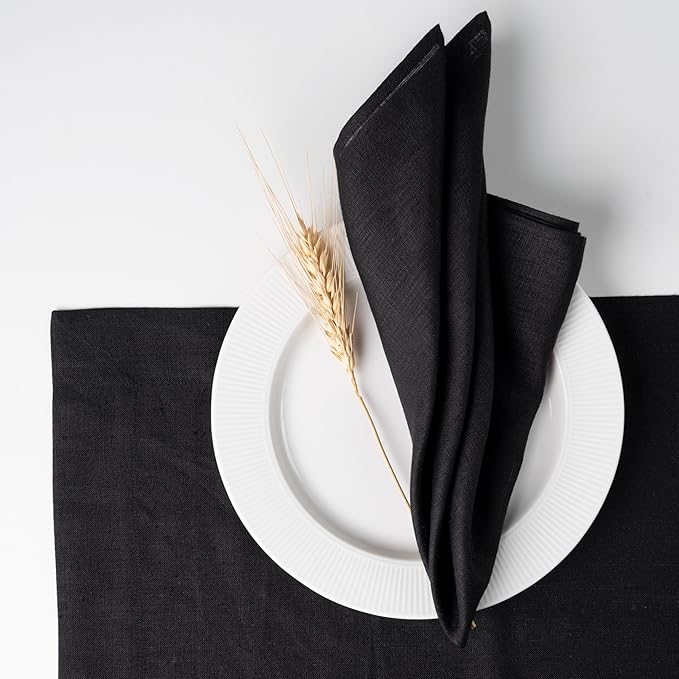 D'Moksha Homes Black Linen Napkins 18 x 18 Inch - 100% Pure Linen Cloth Washable Dinner Napkins Set of 4 for Winter, Christmas, Holiday