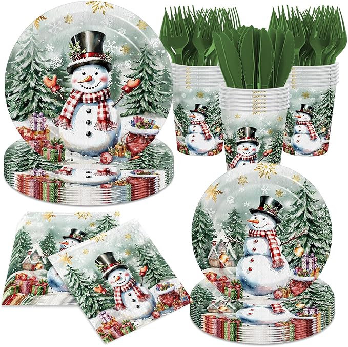 Vintage Christmas Decorations-144Pcs Snowman Plates and Napkins Retro Christmas Tree Snowman Tableware for Winter Holiday Xmas Party Supplies
