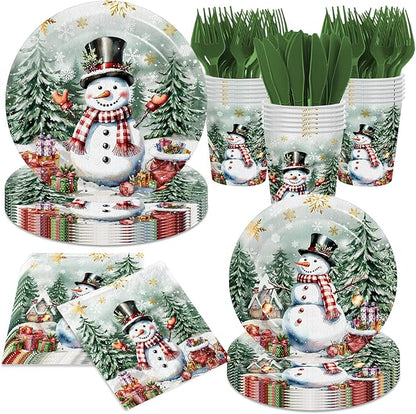 Vintage Christmas Decorations-144Pcs Snowman Plates and Napkins Retro Christmas Tree Snowman Tableware for Winter Holiday Xmas Party Supplies
