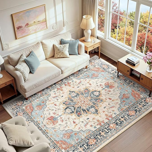 Area Rugs 6'x9' Washable Non-Slip, Floral Vintage Distress Print Pattern Medallion Carpet for Living Room Bedroom Dining Room, Beige Navy Blue Orange Colorful