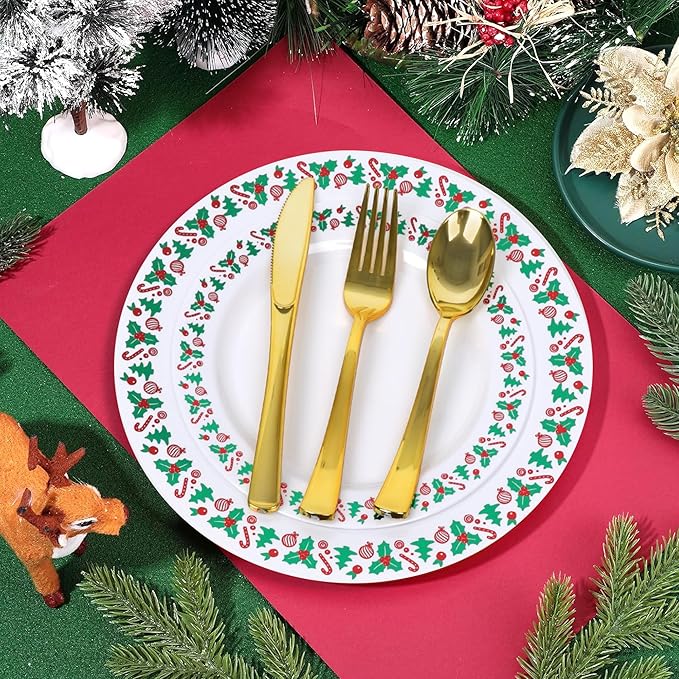 175pcs Christmas Party Supplies - 25 Plastic Plates, 25 Gold & Silver Disposable Plastic Silverware, Clear Gold Cups for Christmas