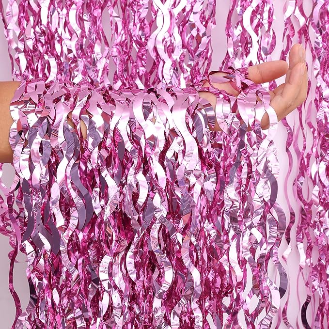 2 Pack 3.2x6.5 Feet Wavy Pink Foil Fringe Backdrop Curtains, Tinsel Streamers Princess Party Decorations Photo Booth Props for Birthday Baby Shower Bachelorette Euphoria Theme Party Supplies