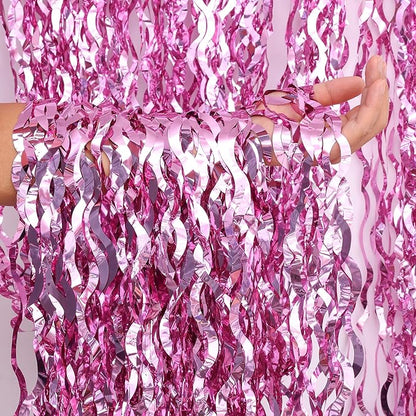 2 Pack 3.2x6.5 Feet Wavy Pink Foil Fringe Backdrop Curtains, Tinsel Streamers Princess Party Decorations Photo Booth Props for Birthday Baby Shower Bachelorette Euphoria Theme Party Supplies
