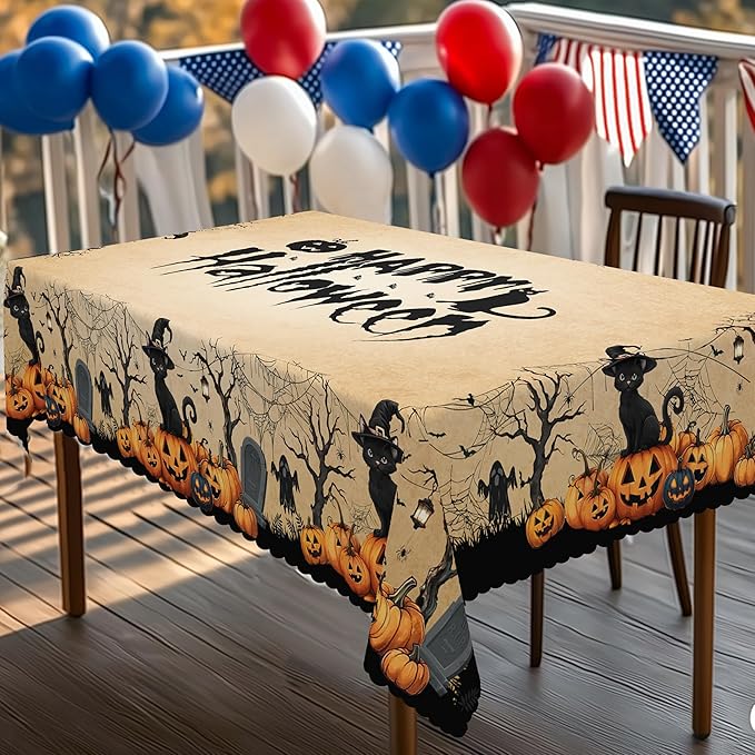 Eikione Rectangular Tablecloth 140x180inch, Halloween Pumpkin Bat Tablecloth Waterproof and Wrinkle-Free, Table Covers, Summer Decorations for Home Dining