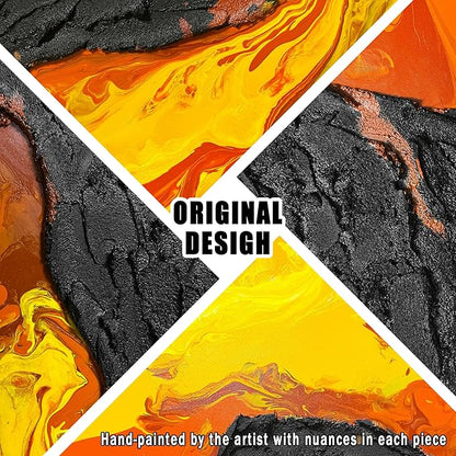 GUGIKA Large Abstract Wall Art for Living Room, Hand Painted 3D Textured Magma Paintings, Black and Gold Yellow Volcanic Lava Canvas Wall-Decor for Bedroom, Size 72x36 Inches