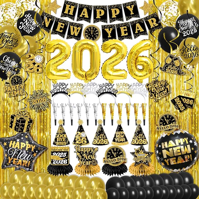 New Years Eve Party Supplies 2026,Black Gold 2026 Happy New Years Decorations Set,happy New Year Banner,Hat,New Year Hanging Swirls,Headband Tiara,Foil Balloons,Curtain,Honeycpmb for Nye Decor