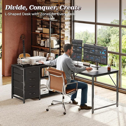 PRAISUN 53" L Shaped Desk with Power Outlets and USB-C Port, Reversible Computer Corner Office Desk with 4 Fabric Drawers and 2 Height-Adjustable Shelves, Large for Gaming Writing Work Study, Black