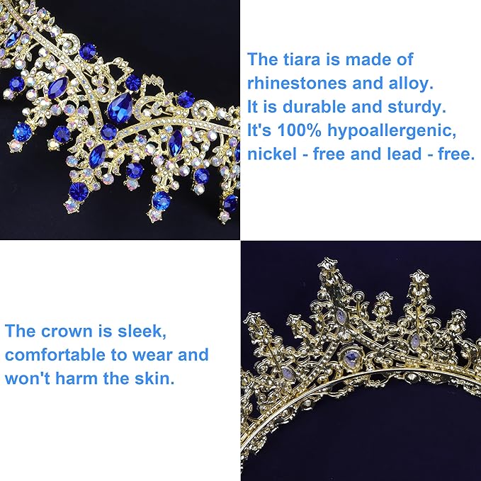 COCIDE Blue Crowns fpr Women Tiaras for Women Royal Blue Crown Hair Accessories Princess Halloween Cosplay Birthday Pageant Bride Headpieces Wedding Bridal
