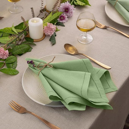 D'Moksha Homes Sage Green Linen Napkins Set of 4 - Classic Hemstitch 100% Pure Linen Hemstitch Dinner Napkins 20 x 20 Inch for Winter, Christmas, Holiday - Handcrafted and Machine Washable