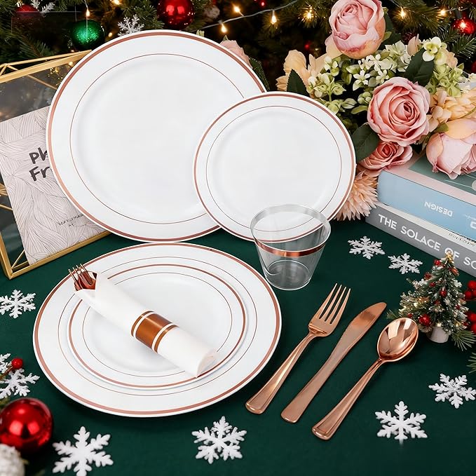 WELLIFE 350Pcs Rose Gold Plastic Plates for 50 Guests - Plastic Dinnerware Set,Party Supplies Includes 100 Rose Gold plates,150 Silverware,50 Napkins,50 Cups for Party and Christmas