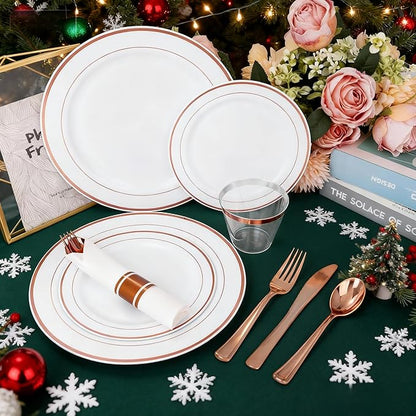 WELLIFE 350Pcs Rose Gold Plastic Plates for 50 Guests - Plastic Dinnerware Set,Party Supplies Includes 100 Rose Gold plates,150 Silverware,50 Napkins,50 Cups for Party and Christmas