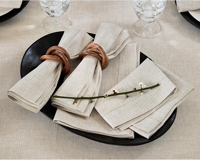 Solino Home Light Natural Linen Napkins Set of 6-100% Pure Linen Hemstitch Dinner Napkins 20 x 20 Inch for Fall, Autumn, Christmas, Holiday, New Year - Classic Hemstitch