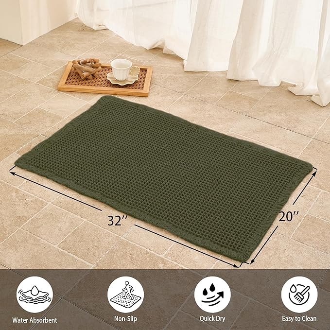 Waffle Bath Mat Non Slip, Boho Bathroom Rug, Super Absorbent Quick Dry Bathroom Mat, Soft Farmhouse Bath Rug with Tassels, Small Washable Shower Mats for Floor 20"x32", Olive Green
