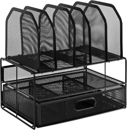 Amazon Basics Mesh Desk Organizer with Sliding Drawer, Double Tray and 5 Upright Sections, File Holder for Office Supplies, Paper Letter Tray, Black