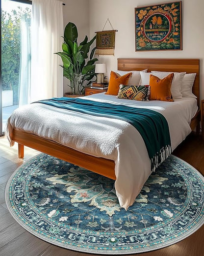Area Rugs 6ft Washable Non-Slip, Floral Vintage Distress Print Pattern Medallion Carpet for Living Room Bedroom Dining Room, Teal Green Lake Blue Turquoise