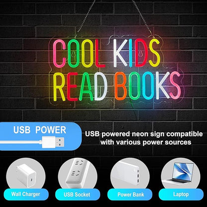 Cool Kids Read Books Neon Sign for Classroom Wall Décor Dimmable LED Neon Light USB Powered Neon Art Signs Decor