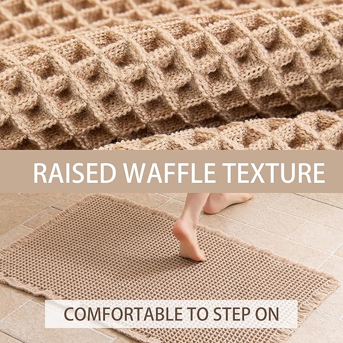 Waffle Bath Mat Non Slip, Boho Bathroom Rug, Super Absorbent Quick Dry Bathroom Mat, Soft Farmhouse Bath Rug with Tassels, Small Washable Shower Mats for Floor 20"x32", Brown