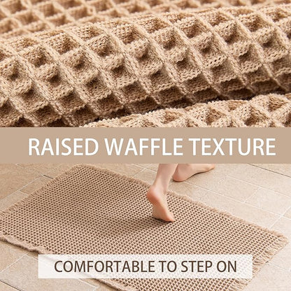 Waffle Bath Mat Non Slip, Boho Bathroom Rug, Super Absorbent Quick Dry Bathroom Mat, Soft Farmhouse Bath Rug with Tassels, Small Washable Shower Mats for Floor 20"x32", Brown