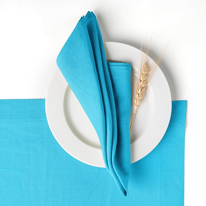 D'Moksha Homes Cyan Blue Linen Napkins 18 x 18 Inch - 100% Pure Linen Cloth Washable Dinner Napkins Set of 4 for Winter, Christmas, Holiday