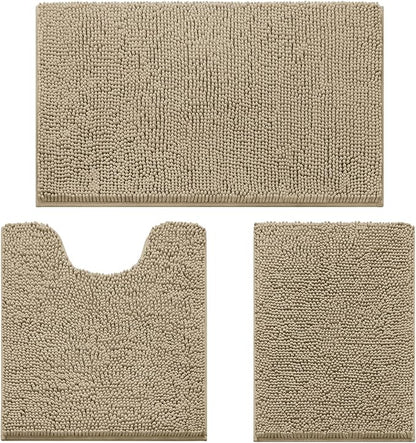 HOMEIDEAS 3 Pieces Bathroom Rugs, Ultra Soft Non Slip Absorbent Chenille Toilet Bath Mat Set (Taupe)