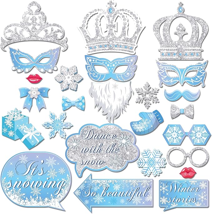 Snowflake Photo Booth Props with Sticks, Blue Snow Photo Booth Props, Christmas Selfie Props, Winter Themed Party Decorations (25CT)