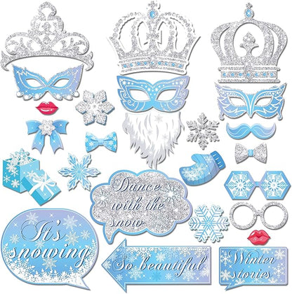 Snowflake Photo Booth Props with Sticks, Blue Snow Photo Booth Props, Christmas Selfie Props, Winter Themed Party Decorations (25CT)