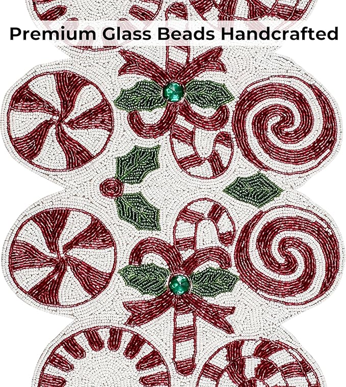 CLEENTABLE Handcrafted Christmas Beaded Table Runner – 36"x13" Art Deco Home Decor & Luxury Dinner Table Centerpiece in Vibrant Cherry Reddish with 85% Glass Beads, Durable Polyester Backing